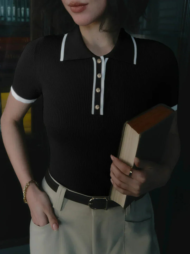 Knitted top with metallic buttons and contrasting details