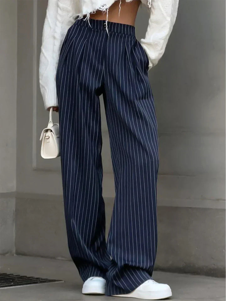 Wide-Leg Pleated Office Trousers with Stripes