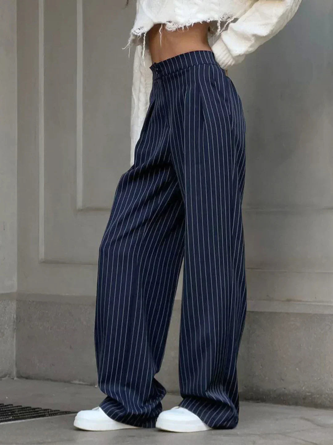 Wide-Leg Pleated Office Trousers with Stripes