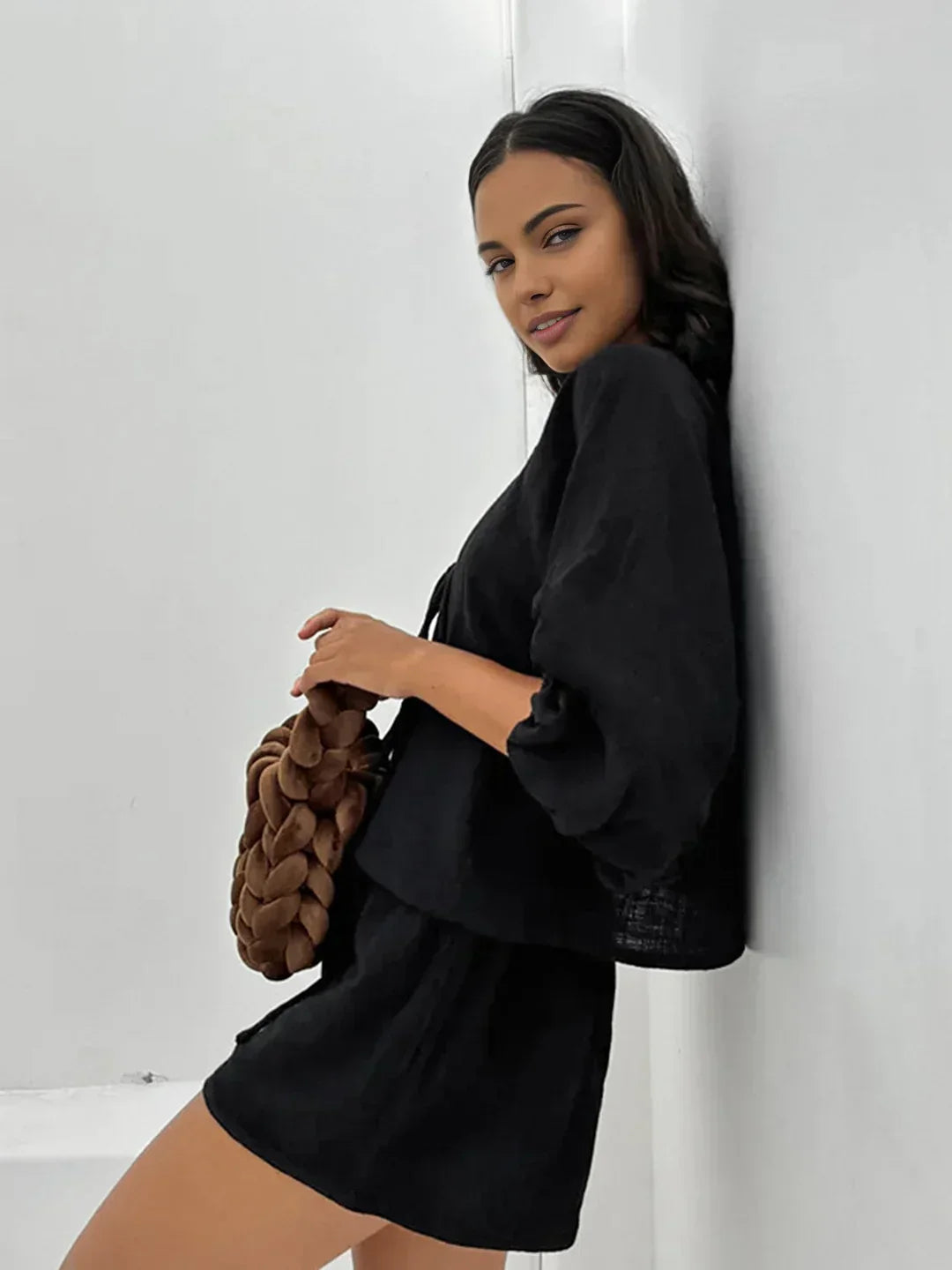 Set consisting of shorts and long-sleeve top with tie detail