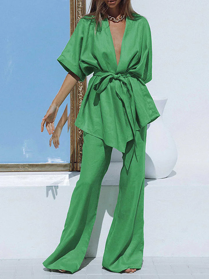 Oversized Design Pants Set with Waist Tie