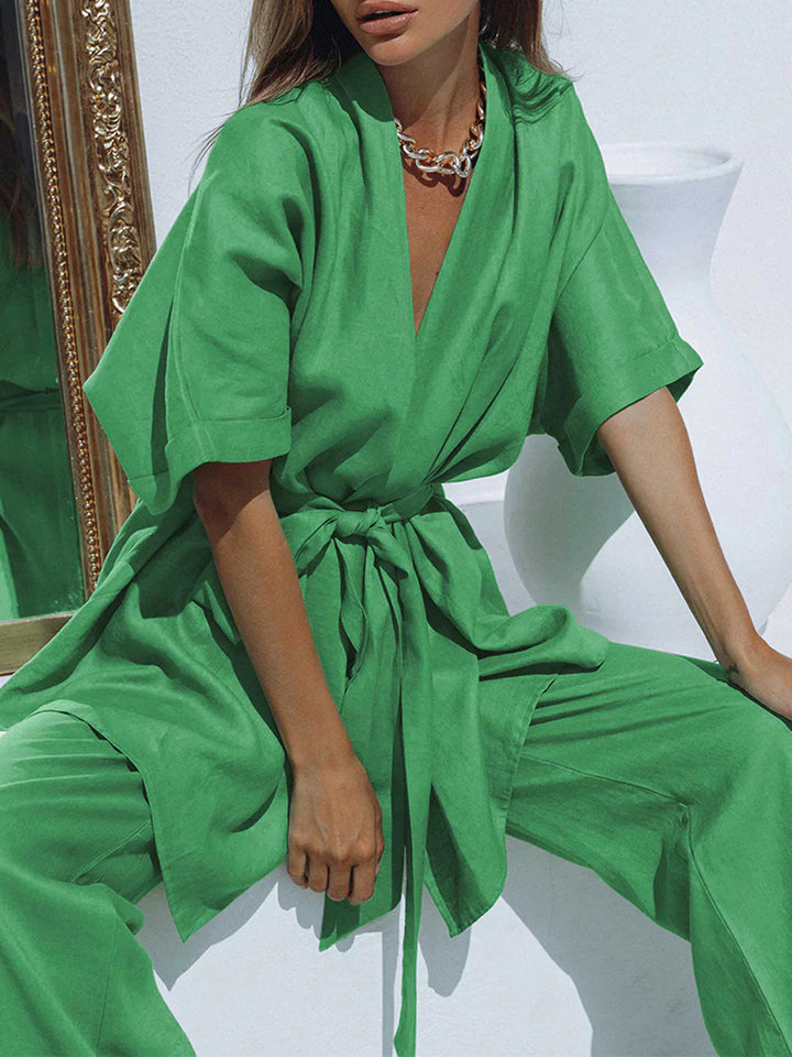 Oversized Design Pants Set with Waist Tie