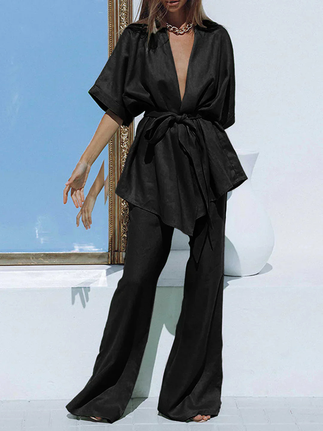 Oversized Design Pants Set with Waist Tie