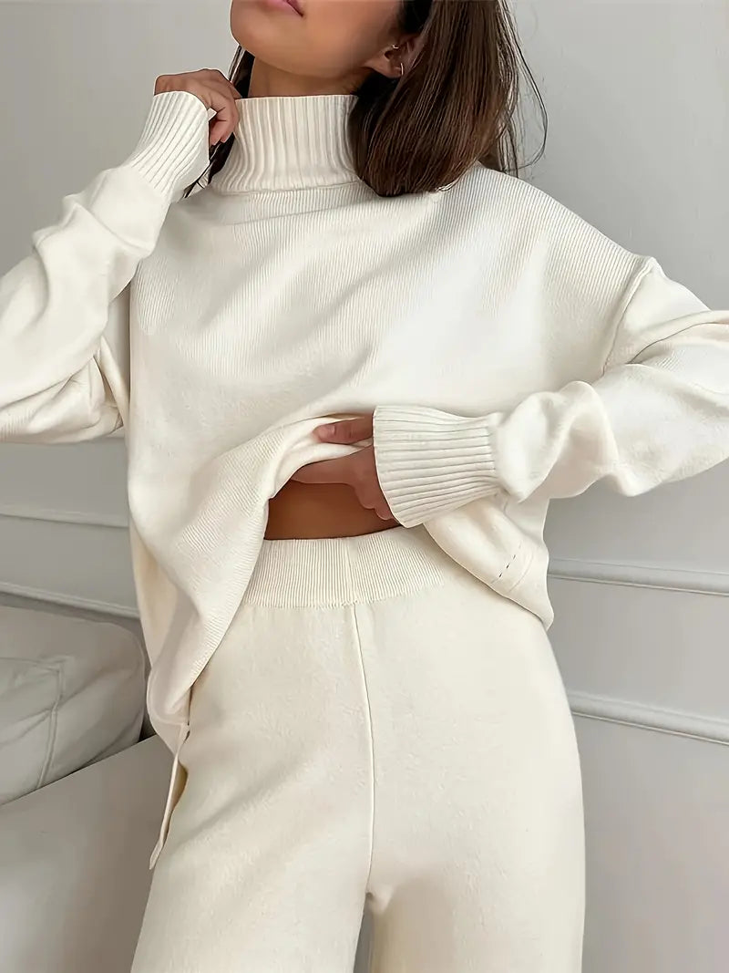 Solid Color High Neck Knit Set