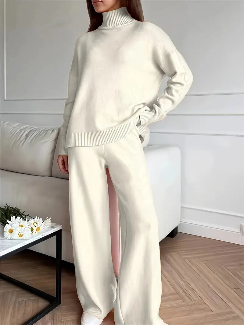 Solid Color High Neck Knit Set
