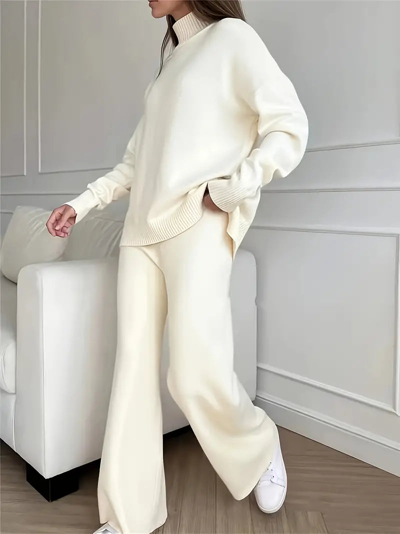 Solid Color High Neck Knit Set