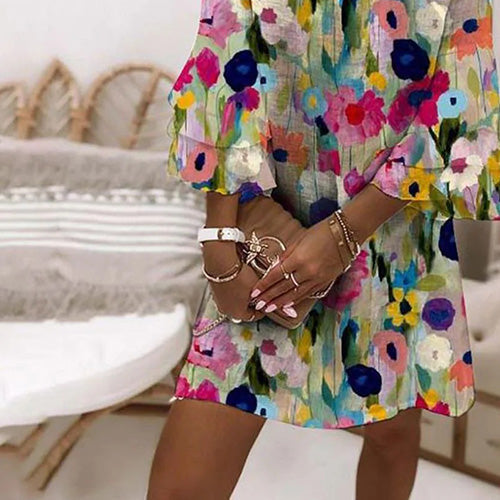 Mini Dress with Romantic Floral Print and V-Cut