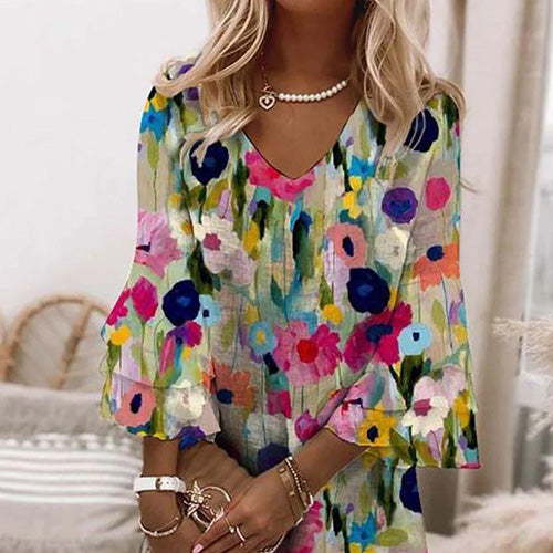 Mini Dress with Romantic Floral Print and V-Cut