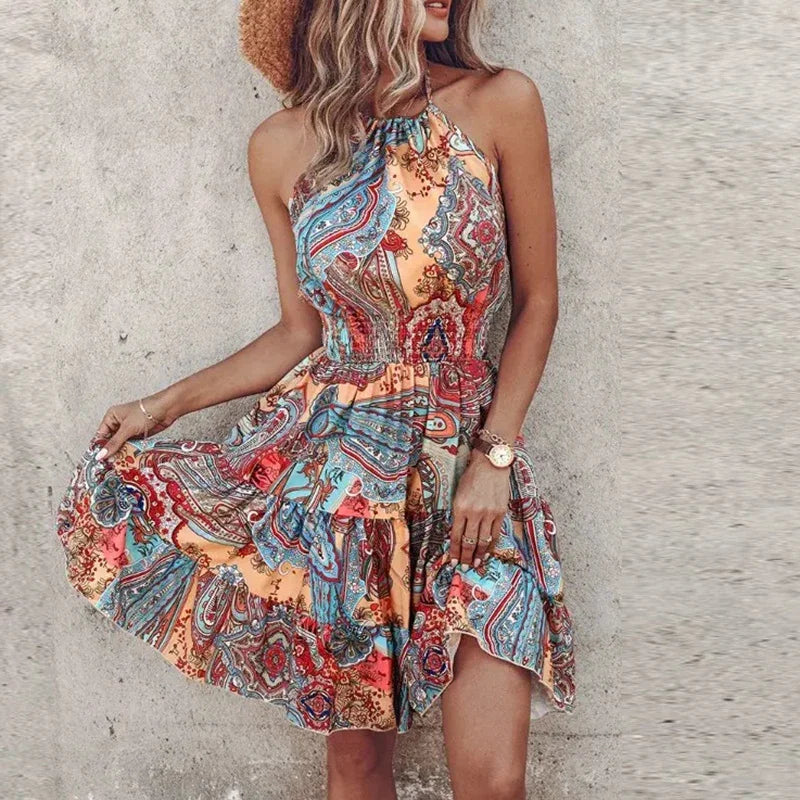 KORA – COLORED MIDI BOHEMIAN DRESS WITH V-NECK