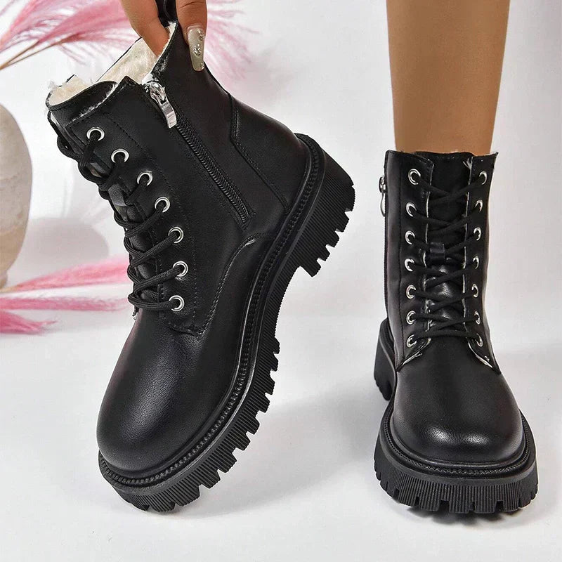 ChicPlush™ Botine Femei din Pluș cu Șireturi
