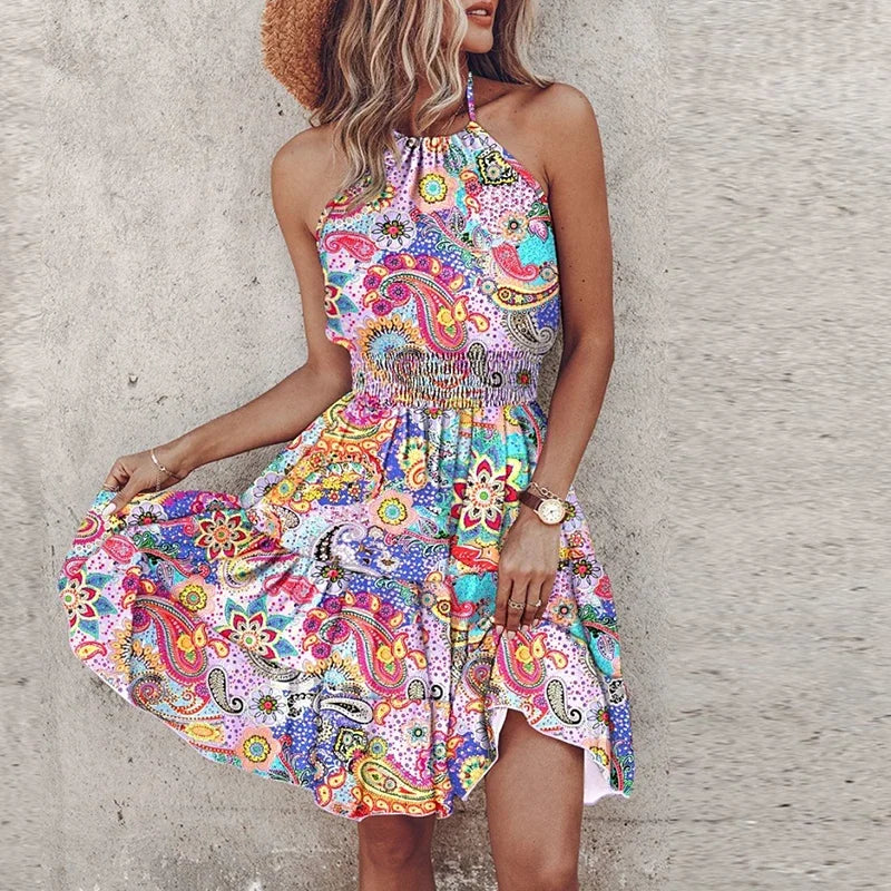 KORA – COLORED MIDI BOHEMIAN DRESS WITH V-NECK