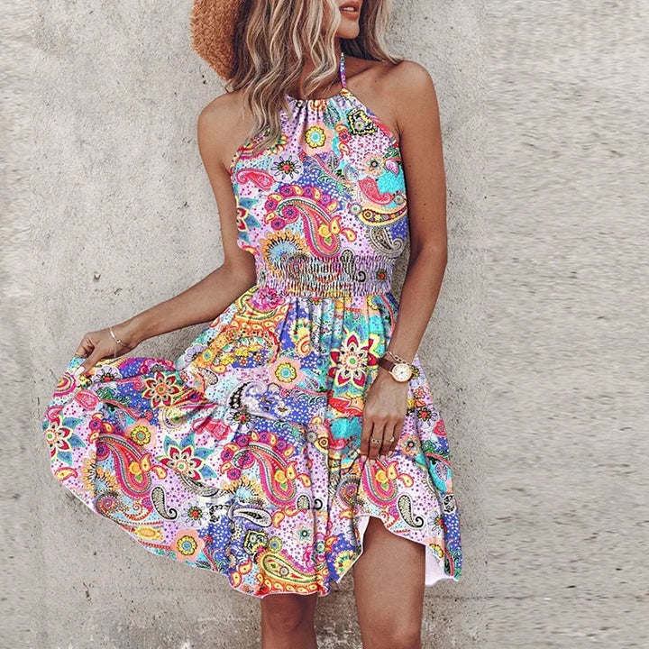 KORA – COLORED MIDI BOHEMIAN DRESS WITH V-NECK
