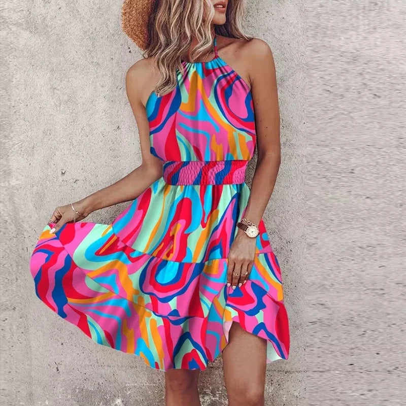 KORA – COLORED MIDI BOHEMIAN DRESS WITH V-NECK