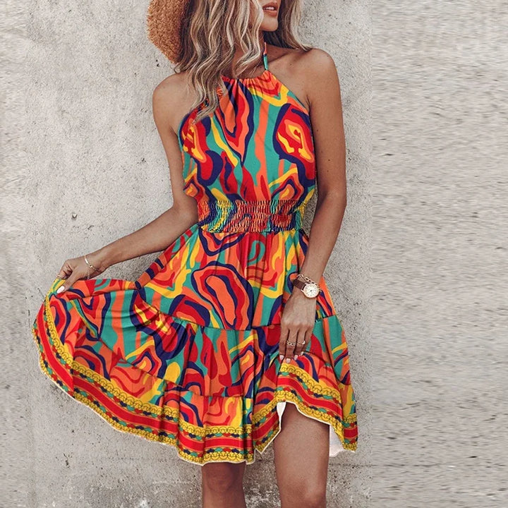 KORA – COLORED MIDI BOHEMIAN DRESS WITH V-NECK