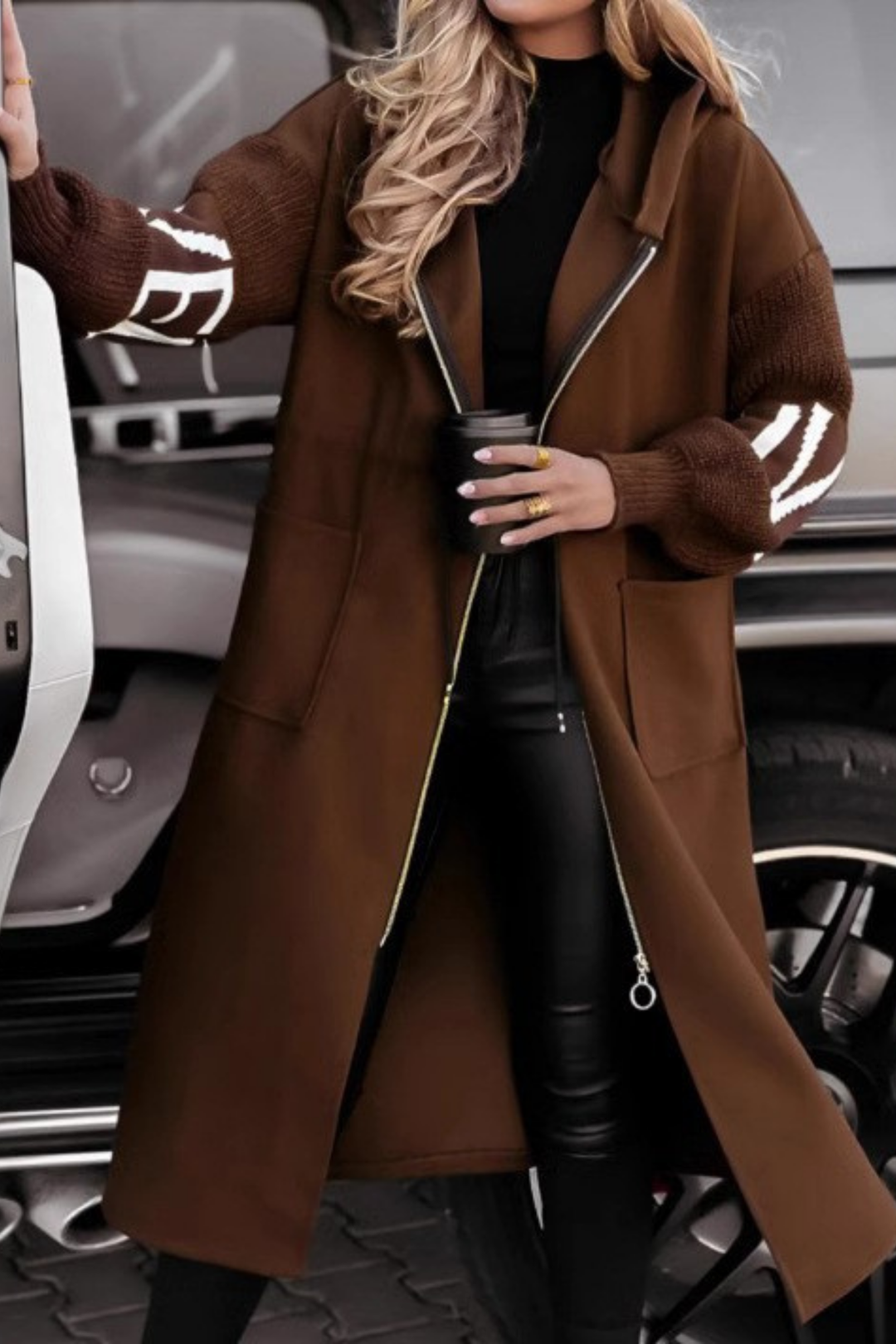 Camelia | Long Coat with Knitted Sleeves and Hood