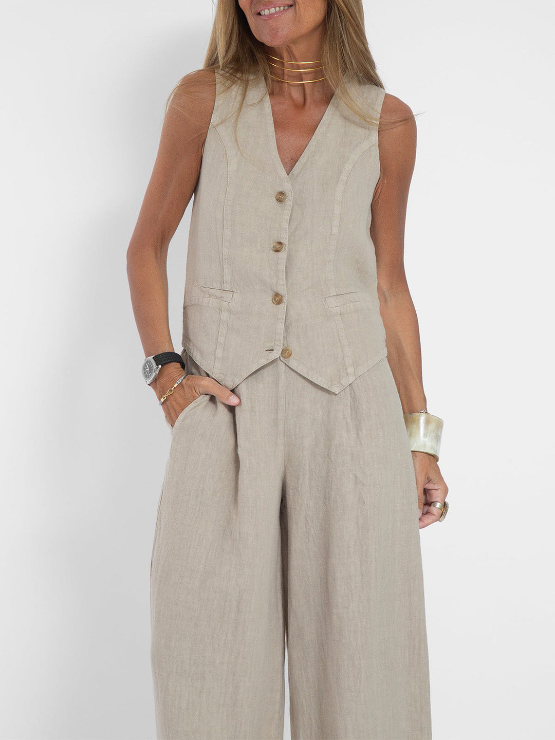 Jessica - Buttoned Vest and Wide Pants Set