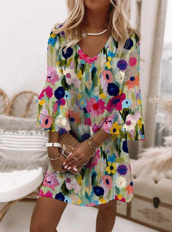 Mini Dress with Romantic Floral Print and V-Cut
