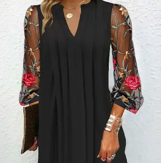 Daria | Elegant Mini Dress with V-Neck and Sheer Sleeves